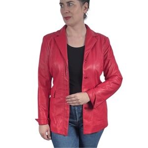 DONCASTER VINTAGE RED LEATHER BUTTON DOWN COLLARED BLAZER JACKET